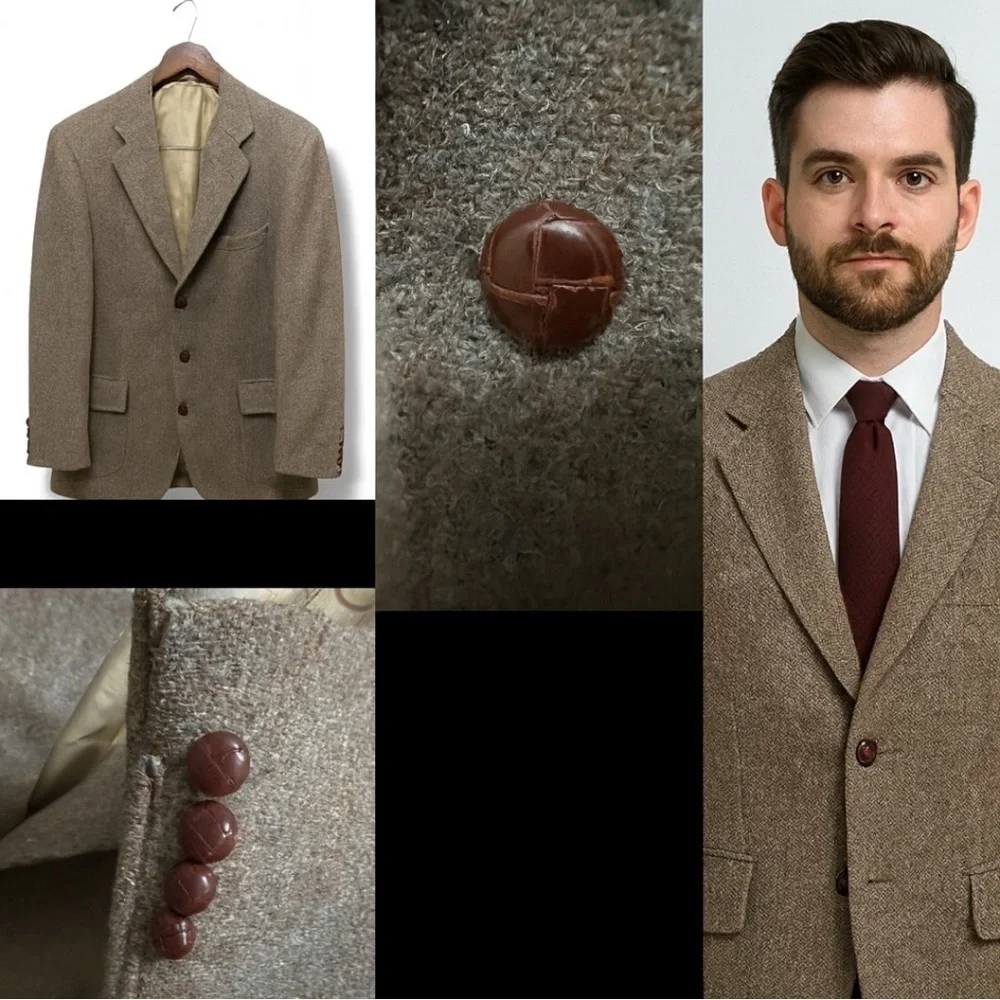 252 Harris Tweed |NWOT 60s USA Vintage Brown Blazer Woven Leather Buttons (sz M)